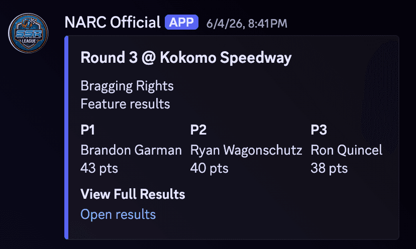 Discord embed showing feature race results with podium finishers and a link to full results