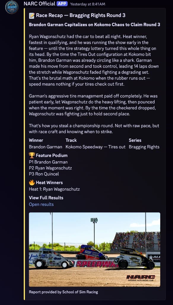 Discord embed showing an AI-generated race recap with podium finishers and a race screenshot